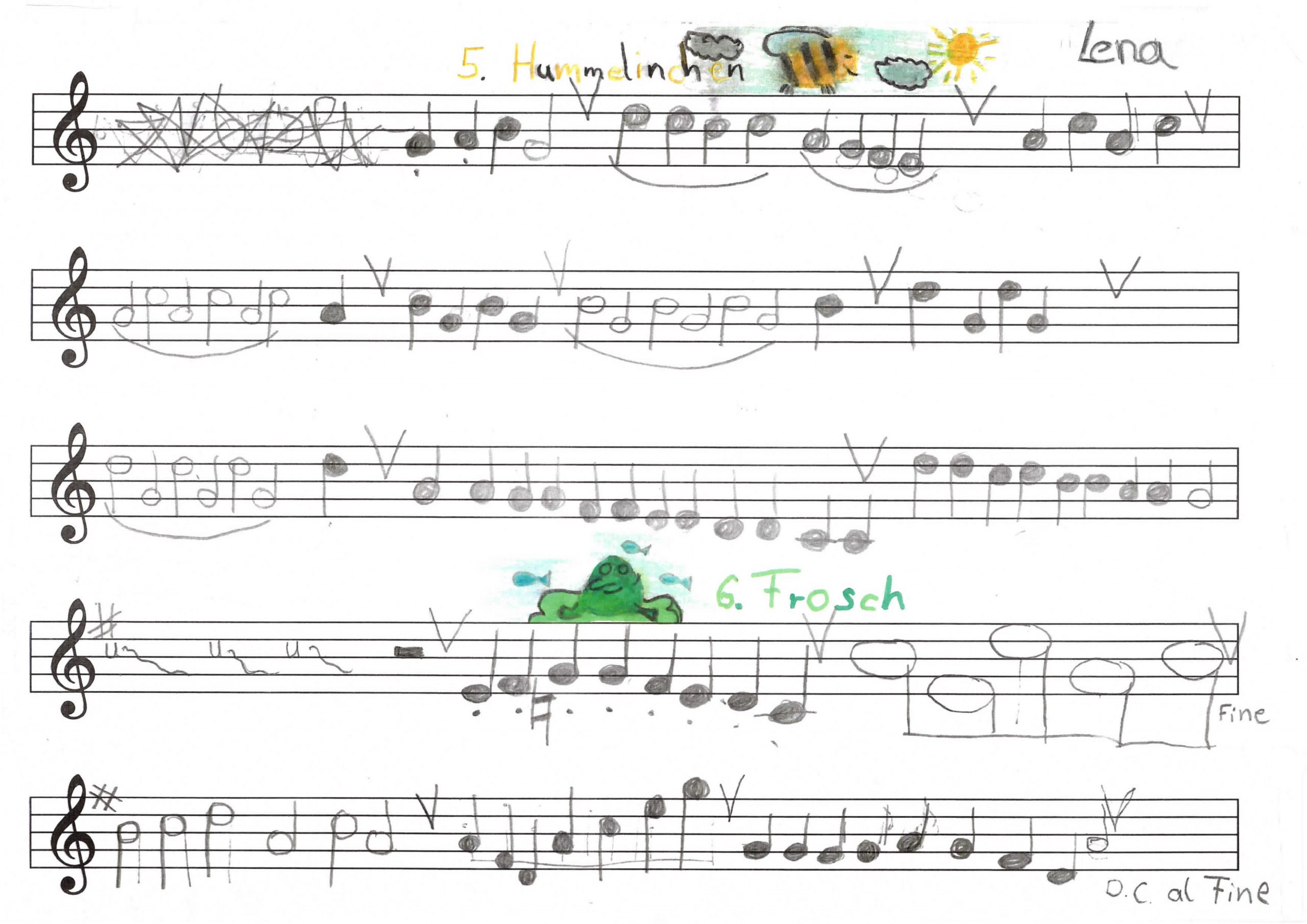 Wir schreiben eigene Lieder in Noten auf.